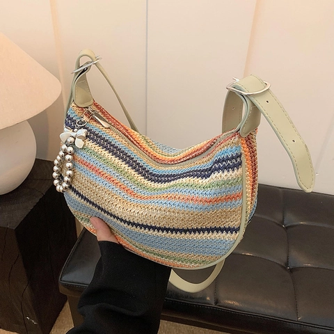 Women Multi-Color Striped Straw Woven Shoulder Bag Beach Hobo Crossbody Bag With Bead Charm Bohemian Style Bag