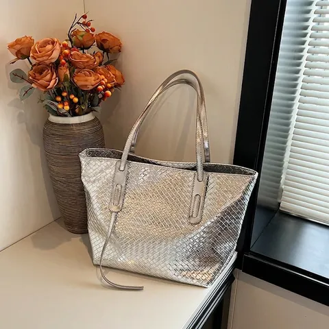 Bolso Tote Trenzado para Mujer Gran Capacidad Cuero PU Minimalista Bolso de Hombro Moda Mano para Trabajo Escuela
