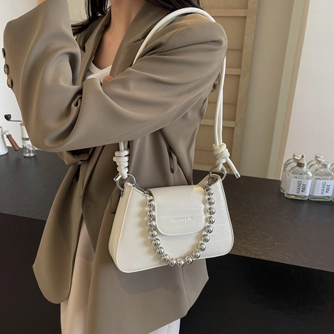 Women Chic PU Leather Underarm Bag With Metal Bead Chain Alligator Pattern Shoulder Bag Knot Strap Fashion Flap Crossbody Purse