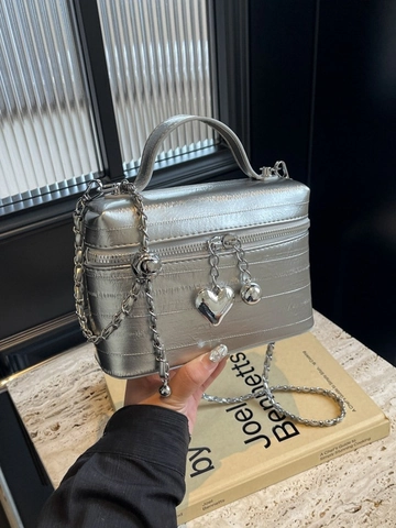Bolso Caja de Lujo para Mujer con Patrón de Cocodrilo Cuero PU Bandolera con Colgante de Corazón de Metal y Cadena