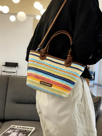 Women Summer Vacation Straw Woven Crossbody Bag Bohemian Striped Basket Handbag Leather Handle Knot Design Beach Travel Shoulder Bag