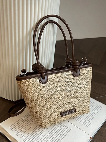Women Summer Vacation Straw Woven Crossbody Bag Bohemian Striped Basket Handbag Leather Handle Knot Design Beach Travel Shoulder Bag