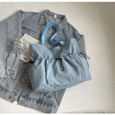 Dames Gewassen Stof Schoudertas Grote Capaciteit Meerdere Zakken Koordsluiting Tote Bag Minimalistisch Casual Crossbody Handtas Dagelijks