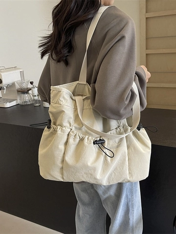 Gewassen Stof Draagtas Vrouwen Grote Capaciteit Casual Multi-pocket Trekkoord Geplooid Schoudertas Woon-werkverkeer