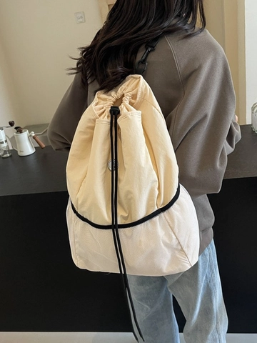 Zaino da Donna alla Moda in Nylon e Tela con Coulisse Grande Capacità Splicing a Rete a Contrasto Borsa da Scuola per Viaggio Quotidiano