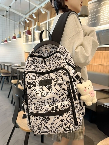 Große Kapazität Graffiti Druck Schulrucksack Für Teenager Mädchen High School College Student Nylon Reise Daypack Mit Bär Schlüsselanhänger