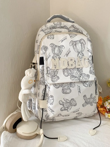 Cartoon Bär Druck Nylon Rucksack Für Damen Studenten Große Kapazität Schultasche Mit Kaninchen Plüsch Anhänger Street Fashion