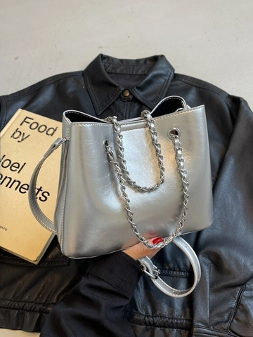 Trendige Damen Glänzende PU-Leder Eimertasche Metallkette Handtasche Lässige Umhängetasche Mit Verstellbarem Gurt