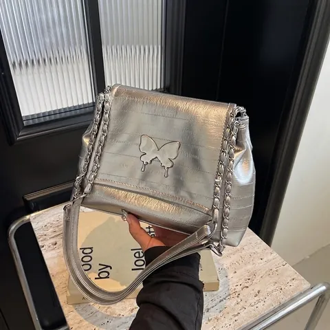 Women Butterfly Decor Tote Bag PU Leather Crocodile Texture Large Capacity Chain Shoulder Bag Commuter Crossbody Bag