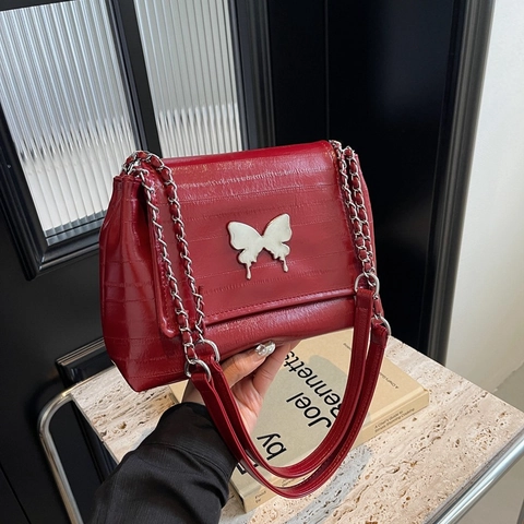 Women Butterfly Decor Tote Bag PU Leather Crocodile Texture Large Capacity Chain Shoulder Bag Commuter Crossbody Bag