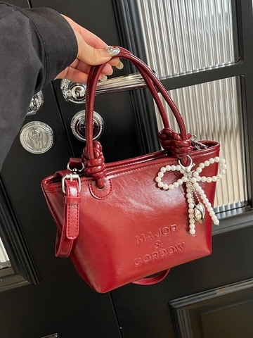 Bolso De Cubo Chic Para Mujer Cuero PU Brillante Con Lazo De Perlas Artificiales Pendentif Corazón Bolso De Mano Y Bandolera Para Uso Diario