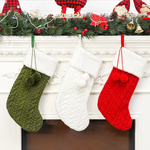 Calcetín de Navidad Clásico de Punto Trenzado Con Ribete de Peluche y Pompones Para Chimenea Decoración de Hogar Hotel