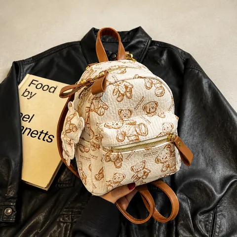 Women Mini Backpack PU Leather Cute Cartoon Bear Print Daypack For Girls Versatile Travel School Bag With Bear Charm