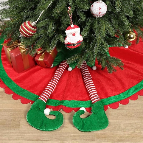 Jupe de Sapin de Noël Décoration Rouge Vert Jambes d'Elfe Rayé Polyester Tablier Base Couverture Ornement Pour Fête Maison