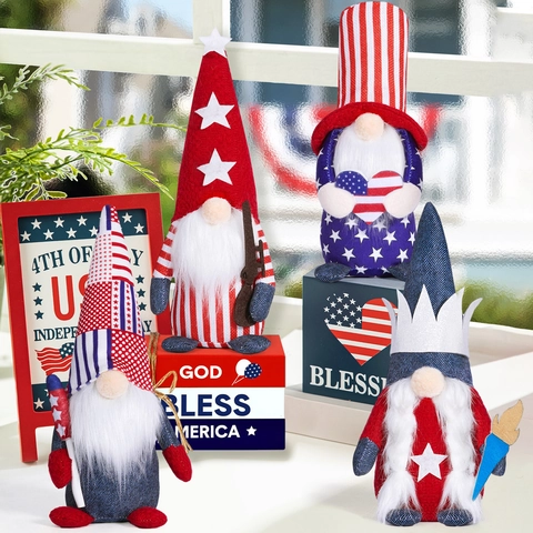 Patriotic Independence Day Gnome Plush Decoration Red White Blue Stars Stripes Faceless Dwarf Doll For Home Party Desktop Ornament