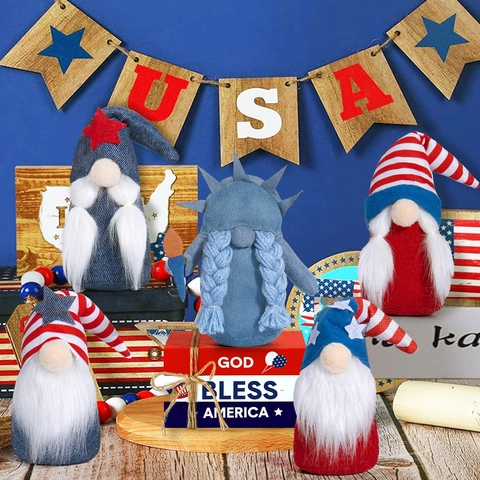 VS Onafhankelijkheidsdag Kabouter Patriotische Pluche 4 Juli Decoraties Sterren En Strepen Amerikaanse Vlag Gezichtsloze Pop Ornament Voor Huis Feest