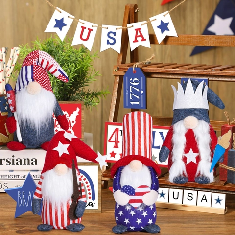 Patriotic Independence Day Gnome Plush Decoration Red White Blue Stars Stripes Faceless Dwarf Doll For Home Party Desktop Ornament