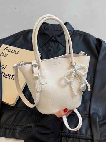 Women PU Leather Litchi Texture Bucket Bag Artificial Pearl Bow Heart Pendant Versatile Summer Small Tote Handbag