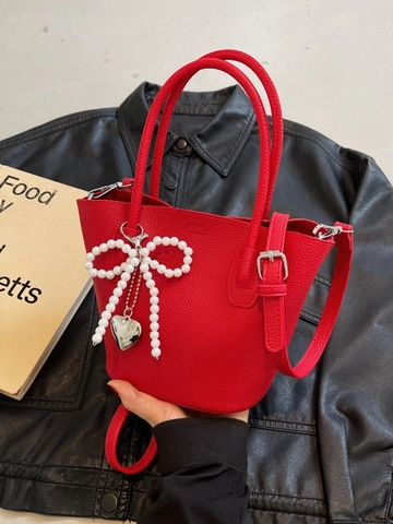 Women PU Leather Litchi Texture Bucket Bag Artificial Pearl Bow Heart Pendant Versatile Summer Small Tote Handbag