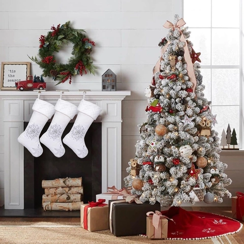 Luxus Weiße Weihnachtssocke Silberne Pailletten Schneeflocke Gesteppte Manschette Polyester Ferien Haus Dekor Socke Anhänger