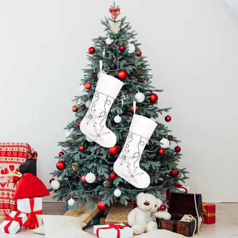 Calcetín de Navidad Blanco Bordado Copo de Nieve Plata Lentejuelas Peluche Suave Decoración de Chimenea Bolsa Regalo