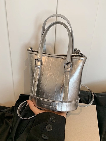 Bolso Bombonera de Cuero PU para Mujer Moda Textura Metálica Plata Negro Blanco Bolso de Hombro Con Correa Ajustable Bolso Casual