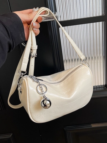Sac Boston Métallique Avec Pendentif Boule Métallique Cuir PU Motif Crocodile Sac à Épaule Croisé Tendance Femme