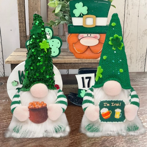 Día de San Patricio Gnomo Luminoso Decoraciones de Peluche Trébol Lentejuelas Enano Irlandés Estatuilla Suerte Verde Olla de Oro Hogar