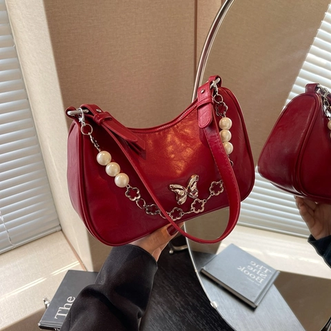 Women Minimalist PU Leather Hobo Bag Underarm Shoulder Bag With Artificial Pearl Chain Butterfly Charm For Daily Office Commuting