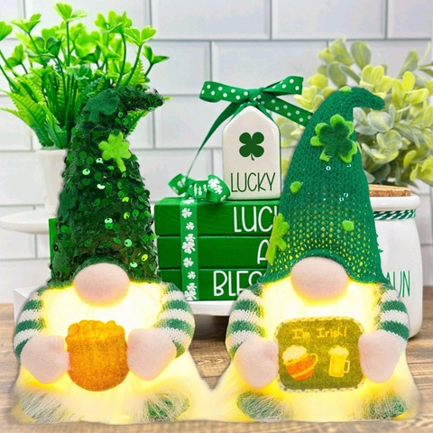 Día de San Patricio Gnomo Luminoso Decoraciones de Peluche Trébol Lentejuelas Enano Irlandés Estatuilla Suerte Verde Olla de Oro Hogar
