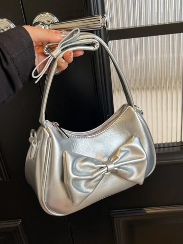 Borsa Sottobraccio in Pelle PU Lucida da Donna di Moda Con Decorazione a Grande Fiocco Tinta Unita Tracolla Regolabile