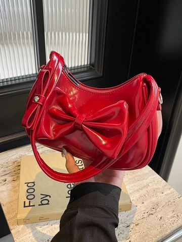 Borsa Sottobraccio in Pelle PU Lucida da Donna di Moda Con Decorazione a Grande Fiocco Tinta Unita Tracolla Regolabile