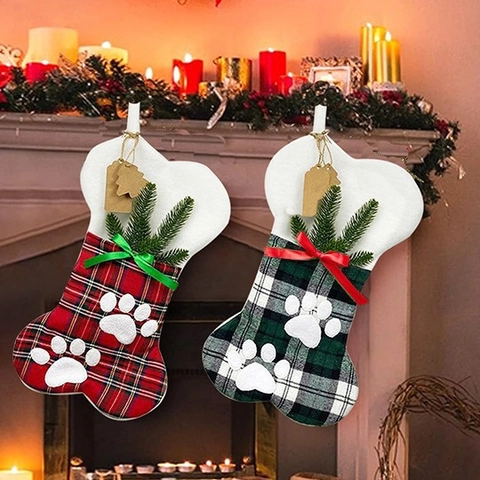 Calza di Natale a Forma di Osso per Cani Plaid in Tessuto Con Impronte di Zampe Sacchetto Regalo Appeso per Decorazioni Natalizie