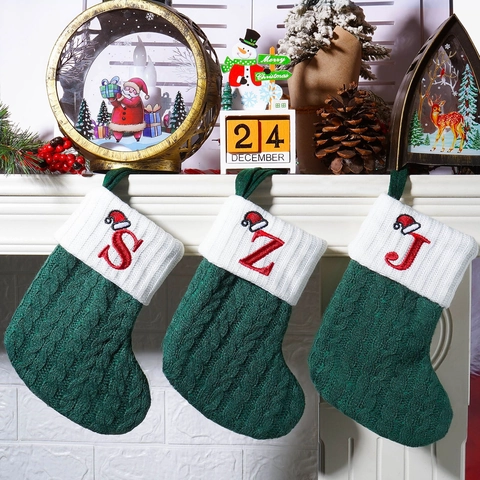 Christmas Knitted Stocking Red Alphabet Letter Green Cable Knit Stocking With Mini Santa Hat Hanging Ornament Party Decor