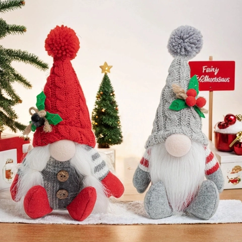 Gnome de Noël en Peluche Fait à la Main Tomte Nordique Assis Avec Longue Barbe Blanche pour Décoration de Table de Fête