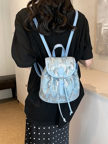 Sac à Dos Mini Paillettes Femme Décontracté Style Denim Cordon Rabat Sac à Dos Pour Voyage Quotidien Mode Paillettes Rayures Petit