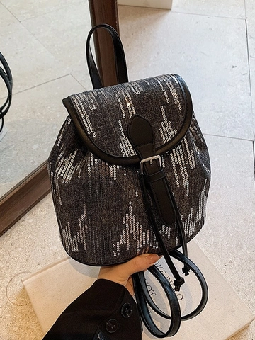 Sac à Dos Mini Paillettes Femme Décontracté Style Denim Cordon Rabat Sac à Dos Pour Voyage Quotidien Mode Paillettes Rayures Petit