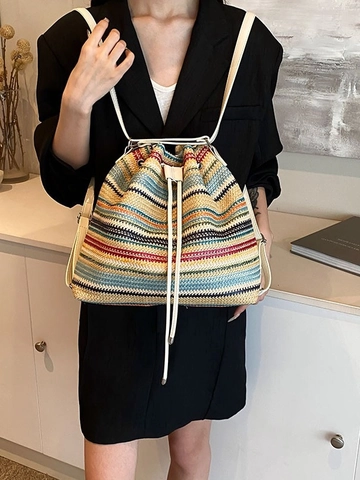 Damen Stroh Rucksack Bunte Streifen Sommer Strand Eimertasche Mit Kordelzug Mode Kleiner Urlaubsrucksack Gewebte Tasche