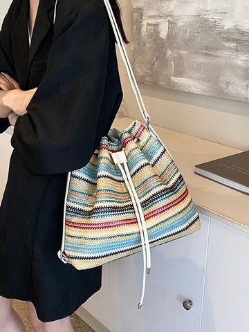 Damen Stroh Rucksack Bunte Streifen Sommer Strand Eimertasche Mit Kordelzug Mode Kleiner Urlaubsrucksack Gewebte Tasche
