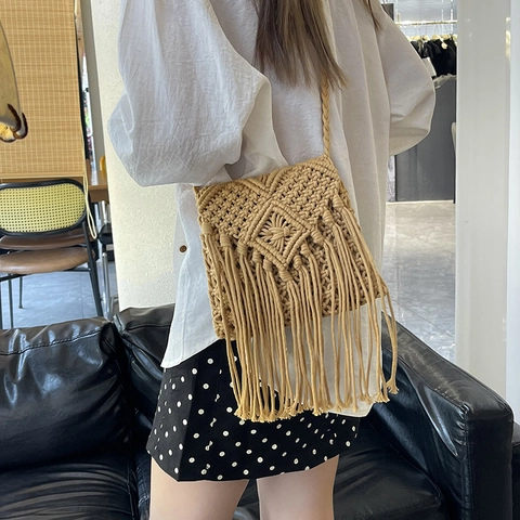 Bohemian Handmade Cotton Rope Woven Crossbody Bag With Tassels Geometric Macrame Beach Holiday Shoulder Bag For Women