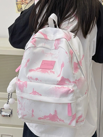 Zaino da Donna in Nylon con Stampa di Paesaggio Cinese a Inchiostro Borsa da Scuola Casual Moda Viaggio con Ciondolo a Nuvola
