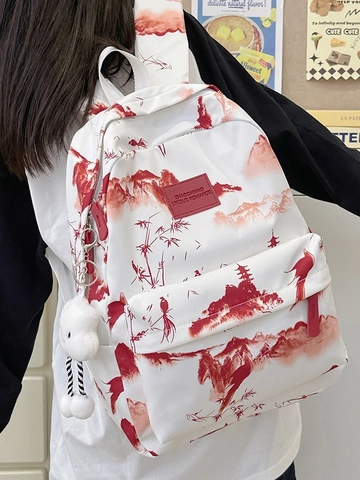 Zaino da Donna in Nylon con Stampa di Paesaggio Cinese a Inchiostro Borsa da Scuola Casual Moda Viaggio con Ciondolo a Nuvola