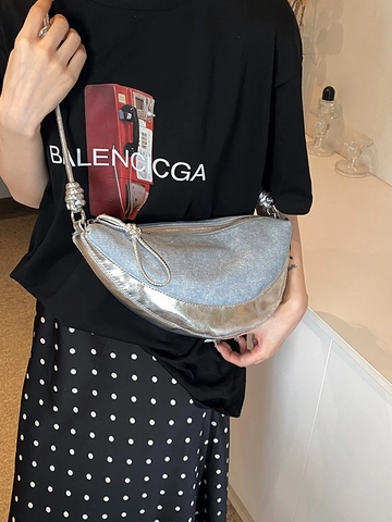 Borsa a Spalla da Donna in Denim e Pelle PU Splicing Grande Capacità Borsa a Tracolla Hobo per Pendolari Strada Moda Borsa