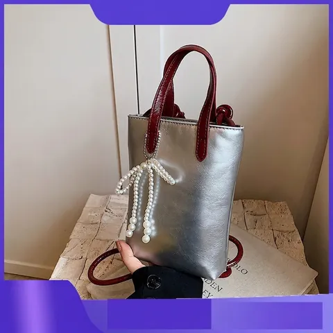 Bolso De Hombro Tipo Cubo Mini Para Mujer Cuero PU Metálico Con Lazo De Perlas Artificiales Bolso Bandolera Pequeño Para Teléfono Fiesta