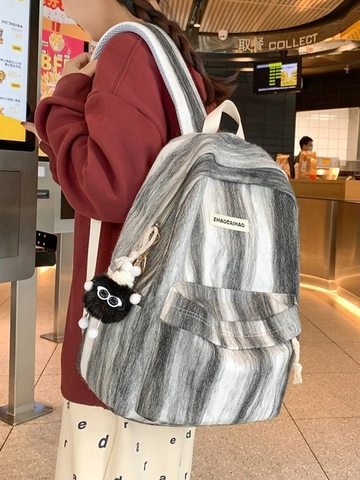 Women Fashion Artistic Tie-dye Gradient Striped Backpack Woolen Fabric Large Capacity School Bag Casual Streetwear Travel Rucksack With Plush Charm