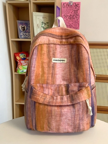 Women Fashion Artistic Tie-dye Gradient Striped Backpack Woolen Fabric Large Capacity School Bag Casual Streetwear Travel Rucksack With Plush Charm