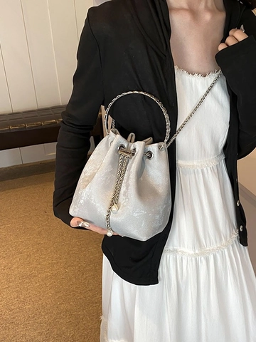 Fashion Women Bucket Bag With Round Metal Handle Pearl Drawstring Crossbody Bag Satin Texture PU Shoulder Bag Mini Handbag For Daily Party
