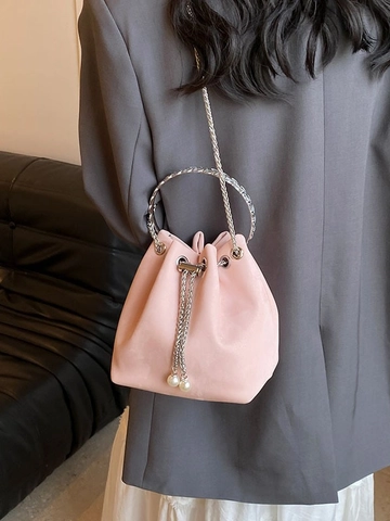 Fashion Women Bucket Bag With Round Metal Handle Pearl Drawstring Crossbody Bag Satin Texture PU Shoulder Bag Mini Handbag For Daily Party