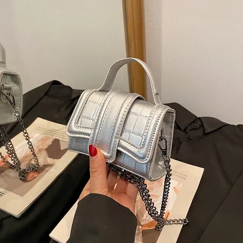Fashion Crocodile Pattern Mini Square Bag For Women Vintage PU Leather Top Handle Crossbody Bag With Metal Chain Strap
