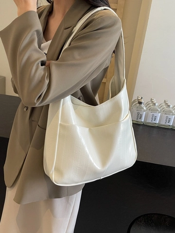 Grand Sac Cabas Femme en Cuir PU à Rayures Verticales Brillant Métallisé Sac à Épaule Hobo pour Travail Quotidien